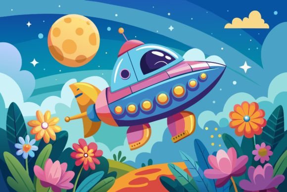 Download Spaceship Sky Cartoon with Flowers on a - Flower Collection