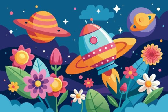 Download Spaceship Sky Cartoon with Flowers on a - Flower Collection